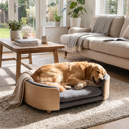 Scandinavian elevated dog bed with bent wood back in a living room