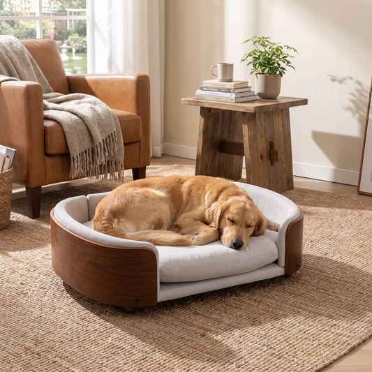 Scandinavian elevated dog bed in a light gray velvet in a living room