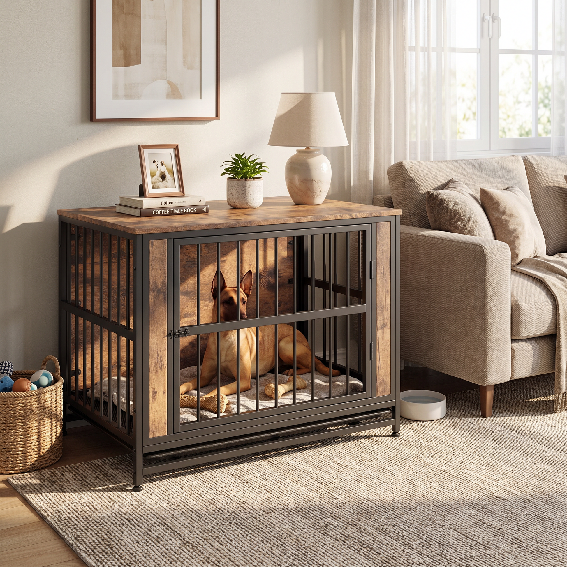 Wooden dog crate furniture table in a lived-in home setting